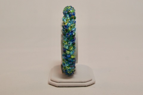 Blues and Greens Long Magatama Spiral Beaded Kumihimo Bracelet